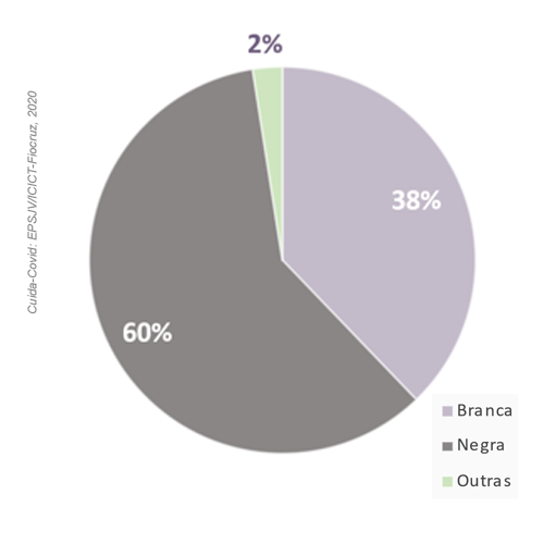 gráfico de pizza sobre raça das cuidadoras remuneradas de pessoa idosa na Pandemia de Covid-19: 60% negra, 38% branca, 2% outros.